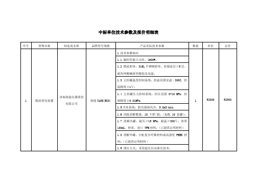 中标单位技术参数及报价明细表