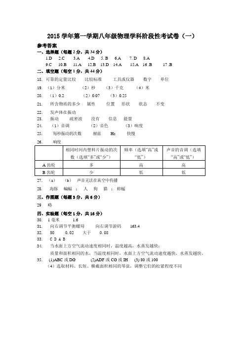 2015学年第一学期八年级物理学科阶段性考试卷(答案)