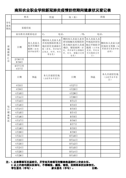 南阳农业职业学院新冠肺炎疫情防控期间健康状况登记表