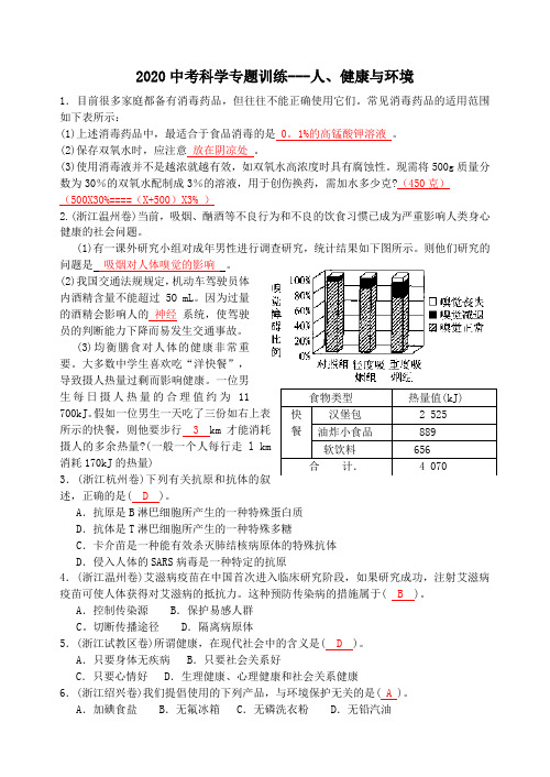 2020中考科学专题训练---人、健康和环境