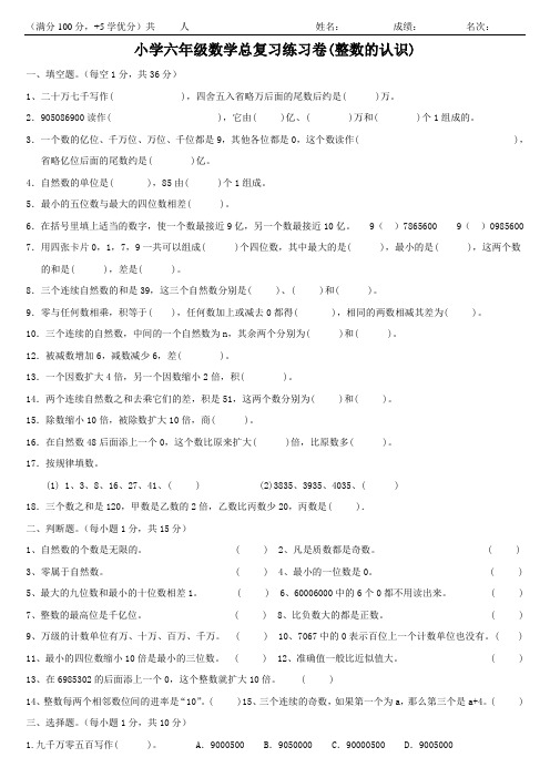 (2份)六年级数学总复习练习卷(整数的认识)