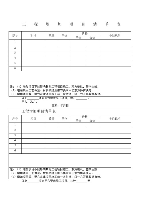 工程增加项目清单表