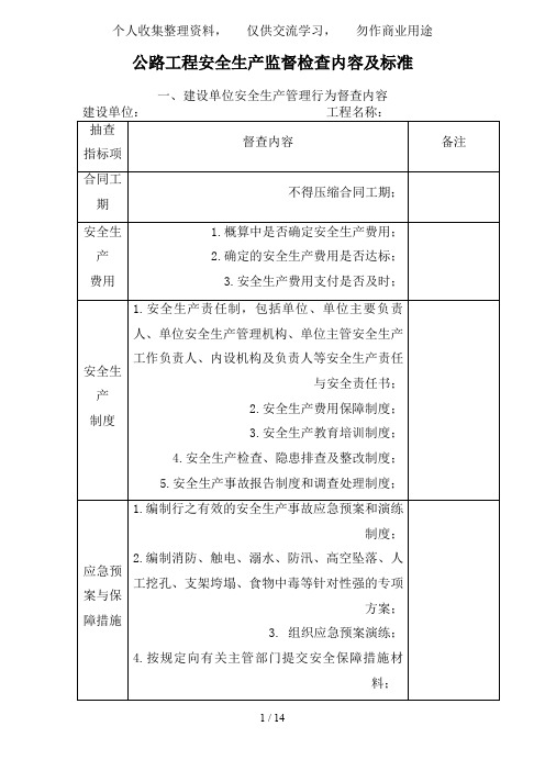 安全生产现场监督检查内容表格版