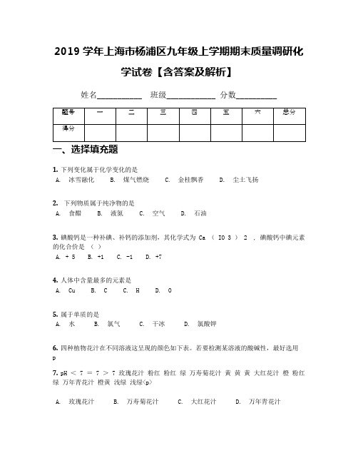 2019学年上海市杨浦区九年级上学期期末质量调研化学试卷【含答案及解析】