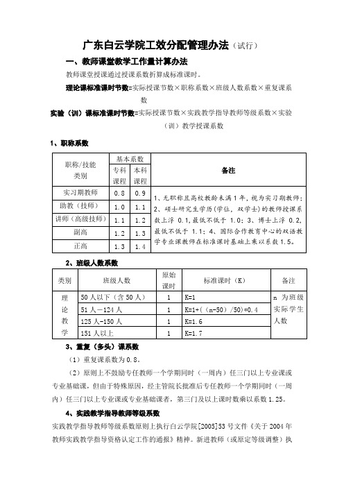 广东白云学院工效分配管理办法(试行)