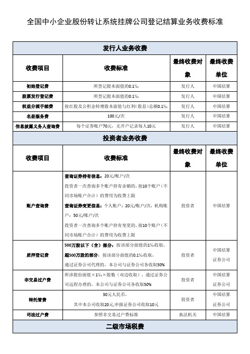 中证登-全国中小企业股份转让系统挂牌公司登记结算业务收费标准