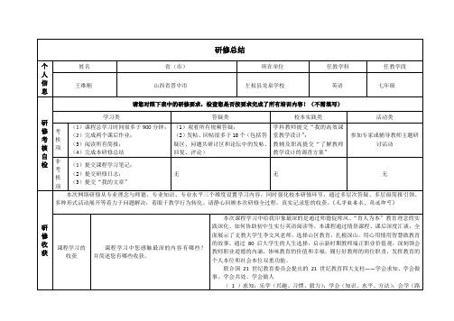 山西初中学科及教辅研修总结模版王维刚