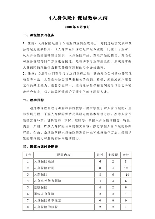 人身保险课程教学大纲