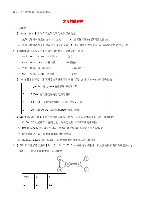 2018年化学中考试题分类练习：19常见的酸和碱(含答案)