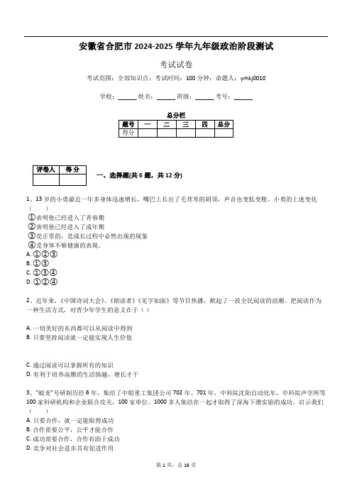 安徽省合肥市2024-2025学年九年级政治阶段测试