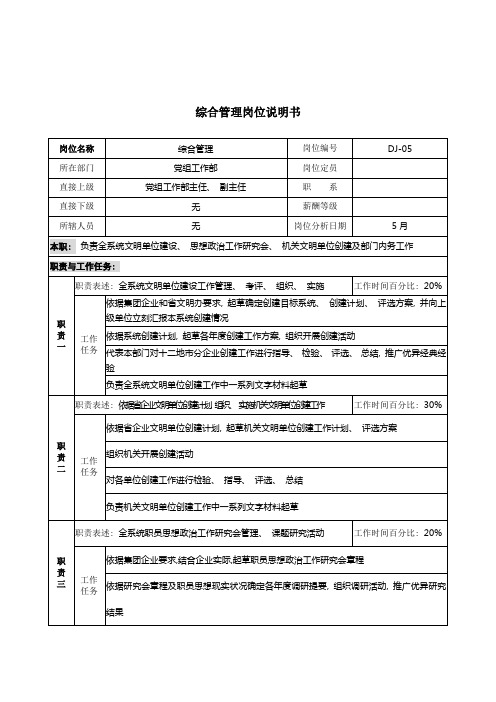 通信行业党组工作部综合管理岗位说明书