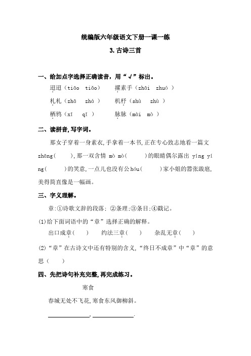六年级下册-语文一课一练-《3古诗三首 》 人教统编版(含答案)