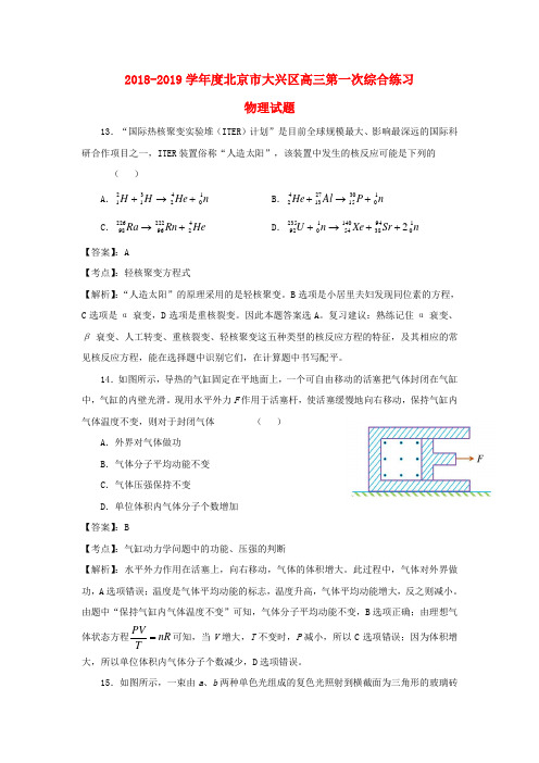 北京市大兴区2019届高三物理第一次模拟考试试题(含解析)