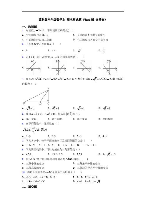 苏科版八年级数学上 期末测试题(Word版 含答案)