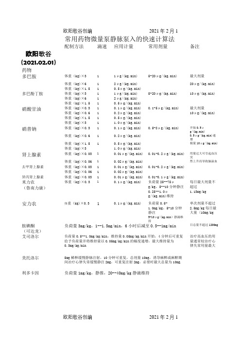 常用药物微量泵静脉泵入的快速计算法之欧阳歌谷创编