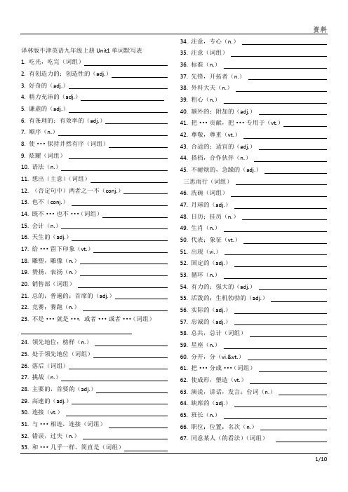 译林版九年级上册英语单词默写打印版文档