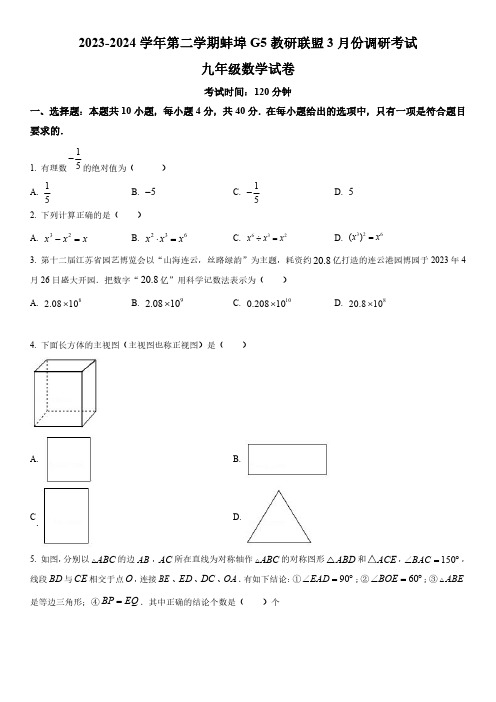 2024年安徽省蚌埠市蚌山区中考一模数学试卷含详解