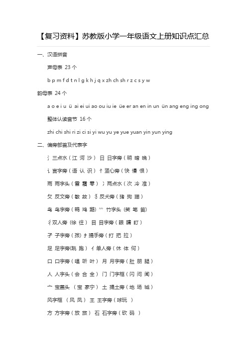 苏教版 小学一年级语文上册知识点汇总