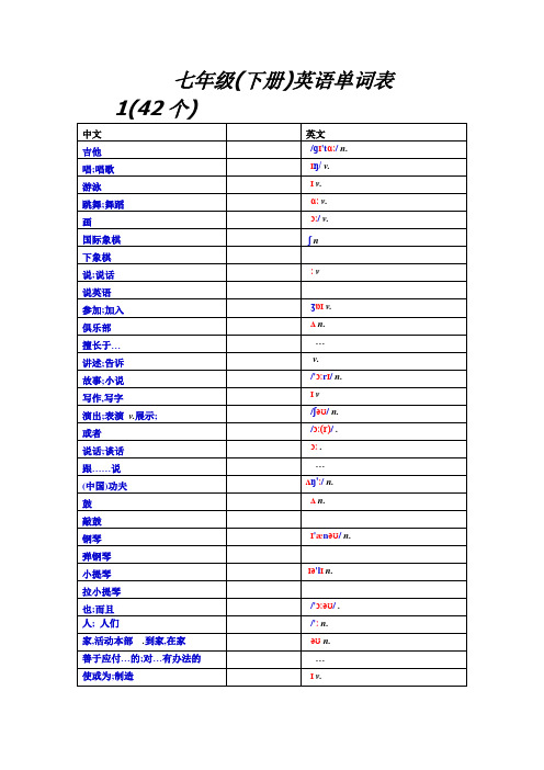 初中一年级下册英语单词汇总