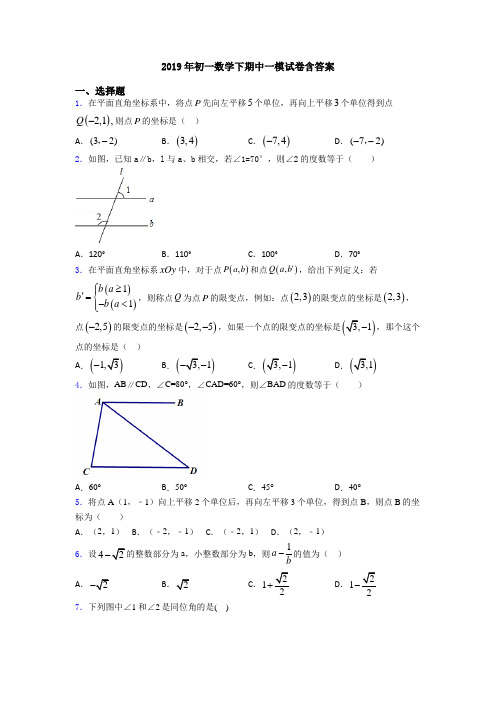 2019年初一数学下期中一模试卷含答案