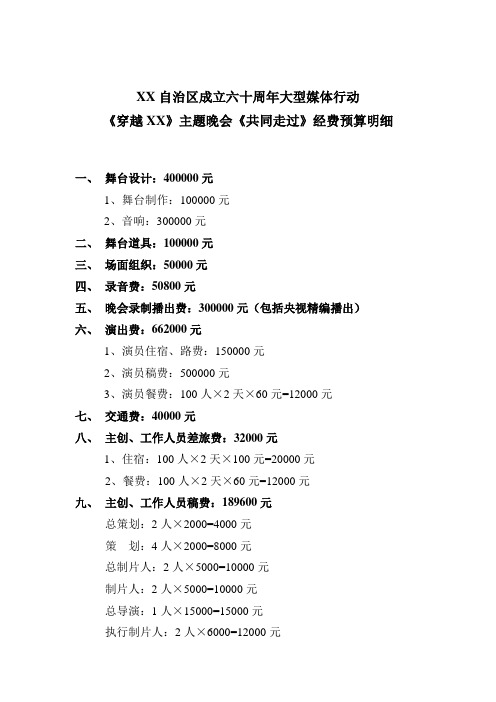 电视台大型媒体活动主题晚会经费预算明细