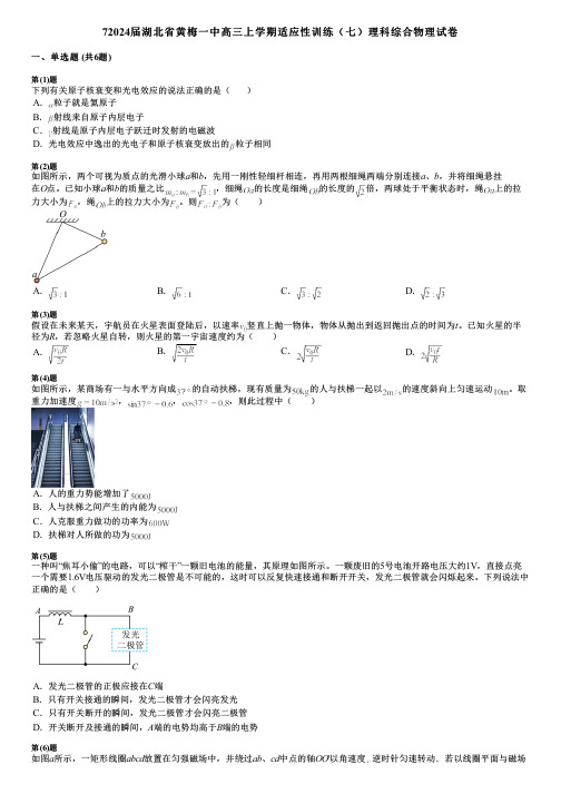 72024届湖北省黄梅一中高三上学期适应性训练(七)理科综合物理试卷