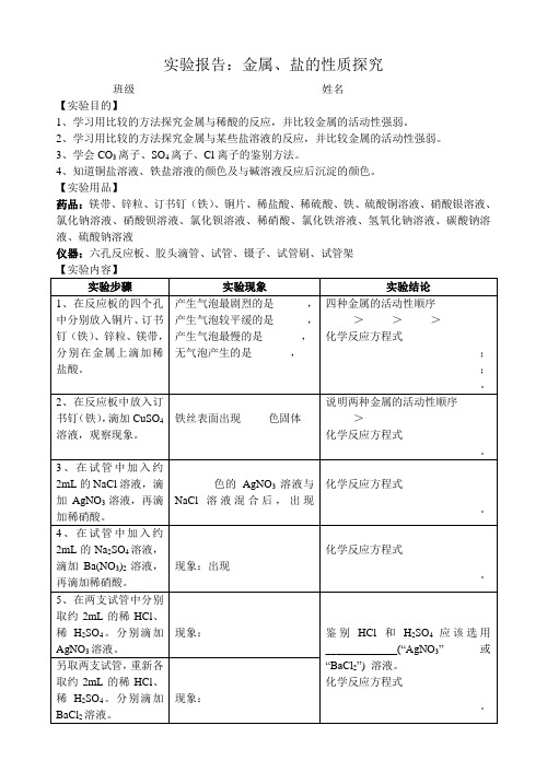 学生实验报告：金属、盐的性质探究