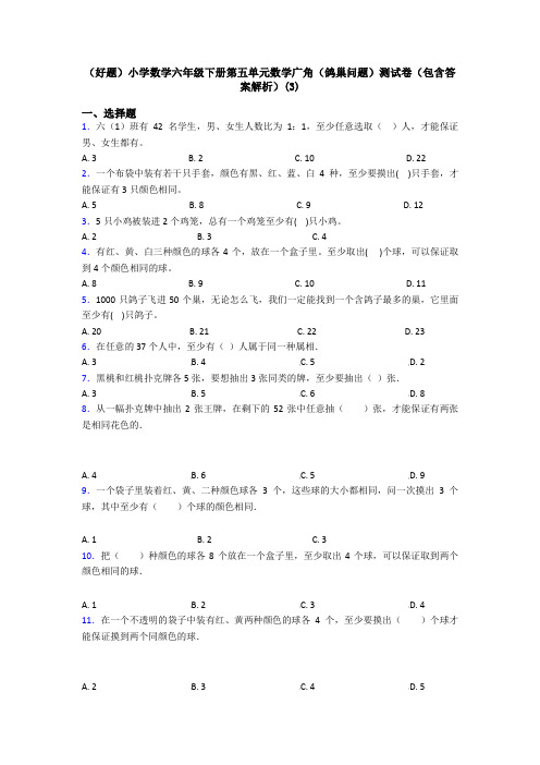 (好题)小学数学六年级下册第五单元数学广角(鸽巢问题)测试卷(包含答案解析)(3)