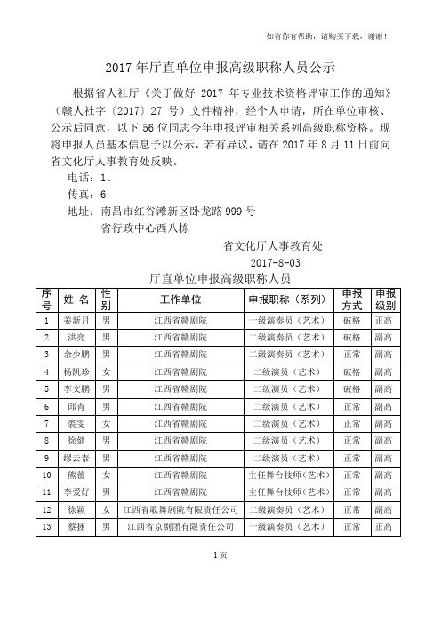 2017年厅直单位申报高级职称人员公示