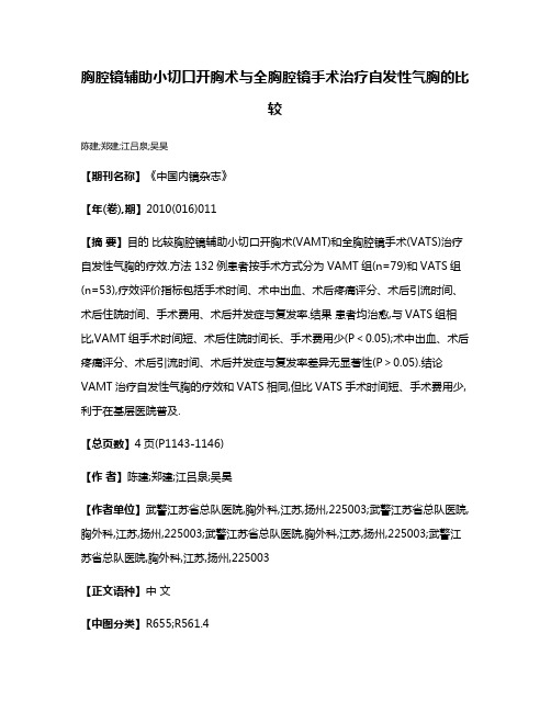 胸腔镜辅助小切口开胸术与全胸腔镜手术治疗自发性气胸的比较