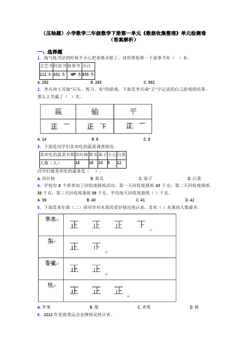 (压轴题)小学数学二年级数学下册第一单元《数据收集整理》单元检测卷(答案解析)
