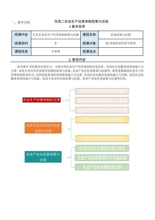 农业政策与法规任务二教案：农业生产经营体制政策与法规