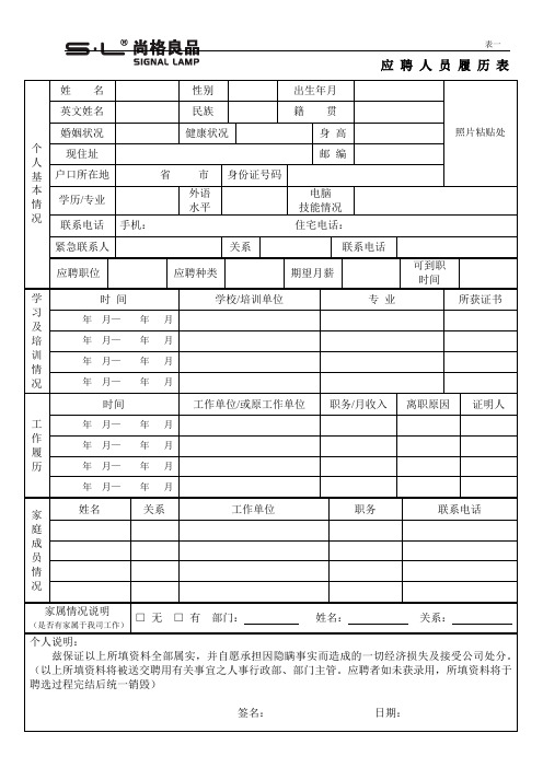 SL应聘人员履历、评估表(请双面打印1)