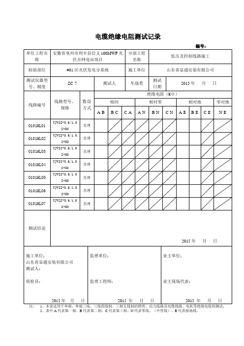 汇流箱至直流柜电缆绝缘电阻测试记录