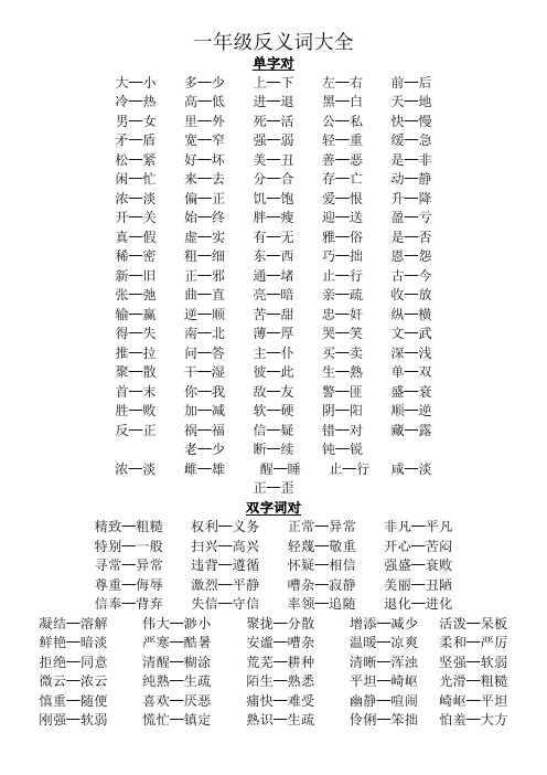 小学一年级-反义词大全