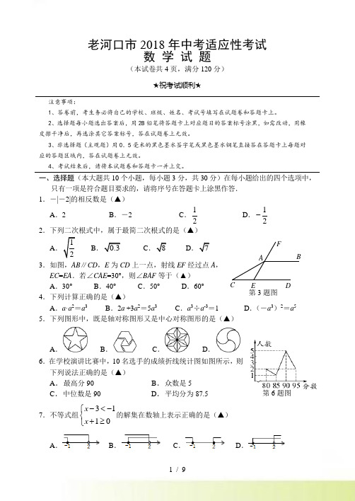 湖北省襄阳市老河口市中考适应性考试数学试题含答案