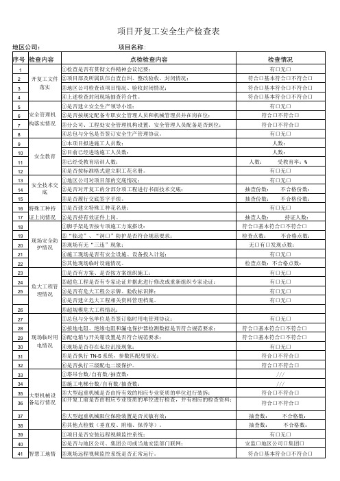 项目开复工安全生产检查表