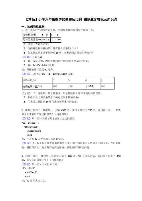 【精品】小学六年级数学比例和反比例 测试题含答案及知识点