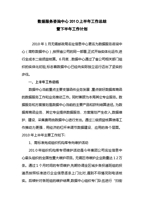 数据服务咨询中心2010上半年工作总结暨下半年工作计划