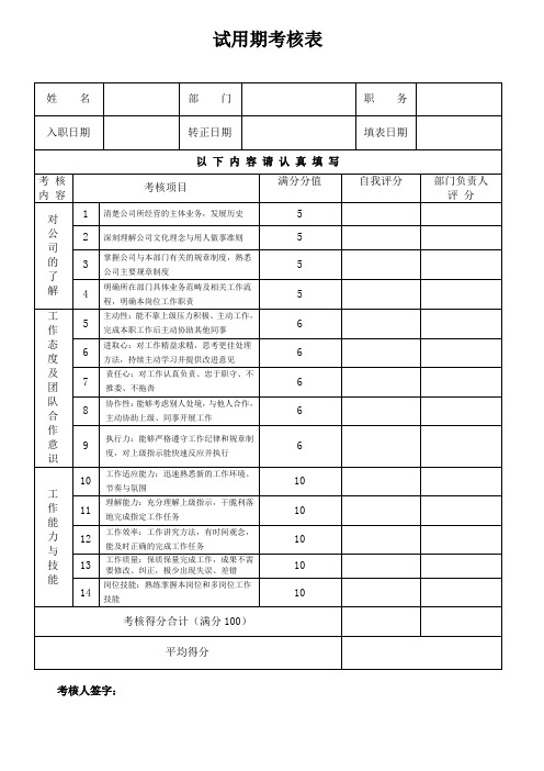 试用期转正考核表