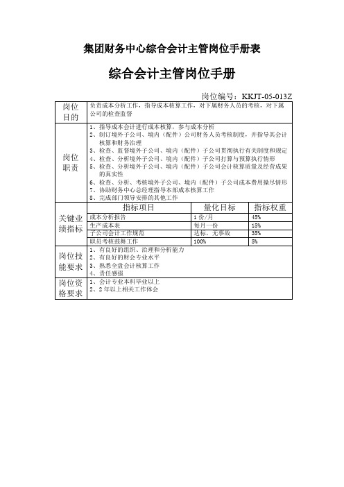 集团财务中心综合会计主管岗位手册表