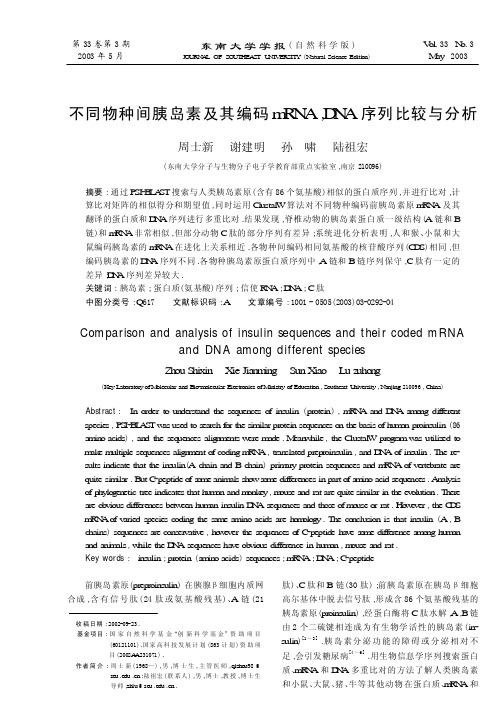 不同物种间胰岛素及其编码mRNA,DNA 序列比较与分析