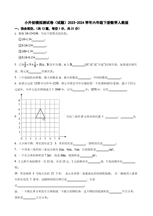 2023-2024学年人教版小学数学六年级下册小升初模拟测试卷(含答案)