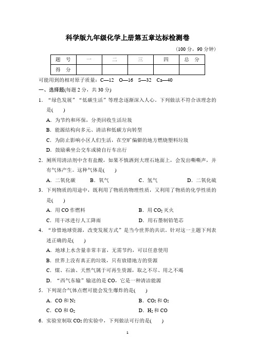 科学版九年级化学上册第五章达标检测卷附答案