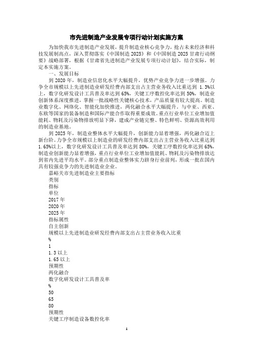 市先进制造产业发展专项行动计划实施方案