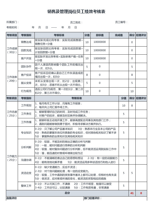 销售及管理岗位员工绩效考核表excel模板