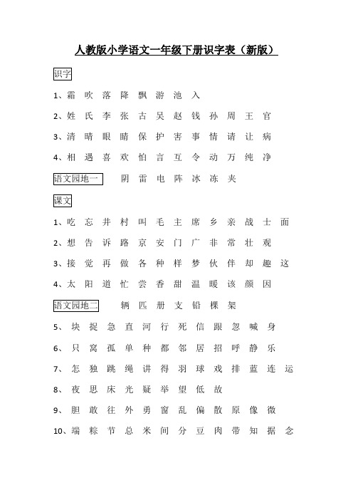 人教版小学语文一年级下册识字表(新版)