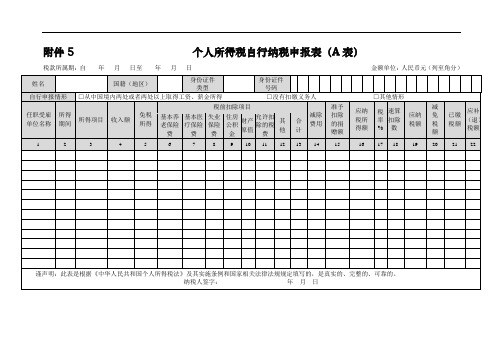 新个人所得税自行纳税申报表A表及填表说明