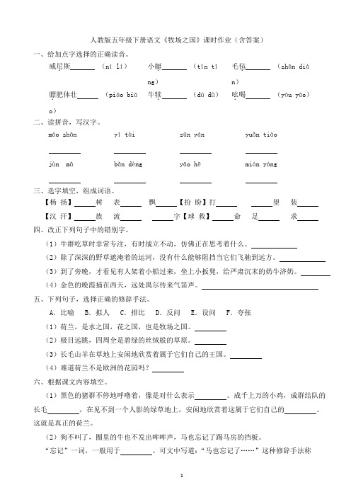 人教版五年级下册语文《牧场之国》课时作业(含答案)