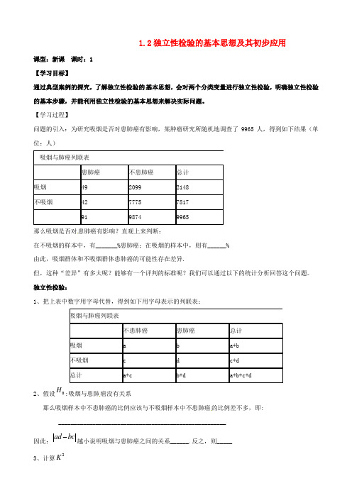 河北省沙河市二十冶综合学校高中分校高中数学 1.2独立性检验的基本思想及其初步应用导学案 新人教版选修1-2